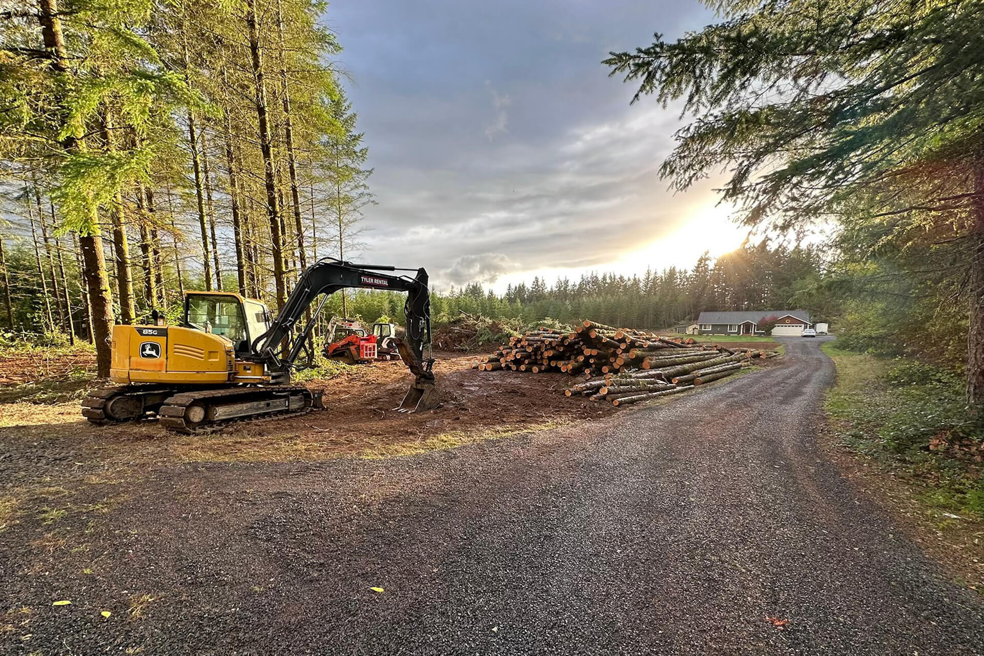 Excavator clearing a wooded lot with logs stacked in Michigan by Diversified Tree Service